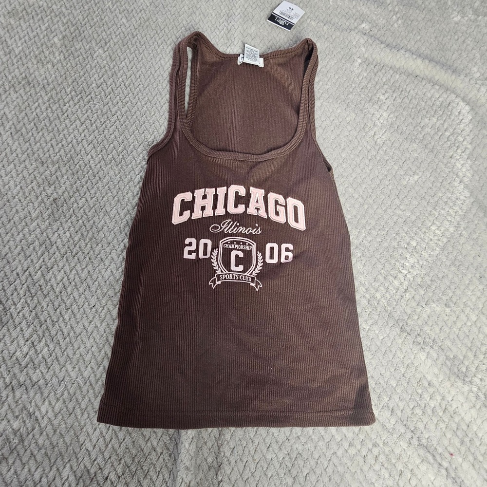 Rue21 Tank Top Women's XS Brown Ribbed Chicago Graphic Stretch Fitted Sleeveless